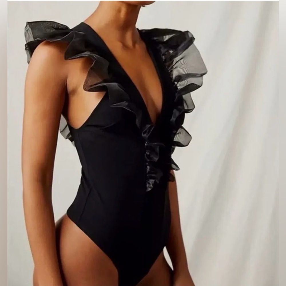 Intimately Free People Black Paper Planes Organza Bodysuit Ruffle Small
